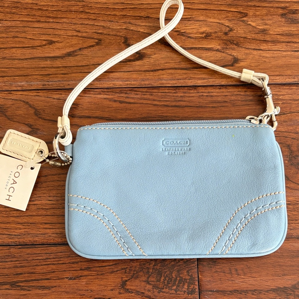 Coach Sky Blue Wristlet with White Strap
